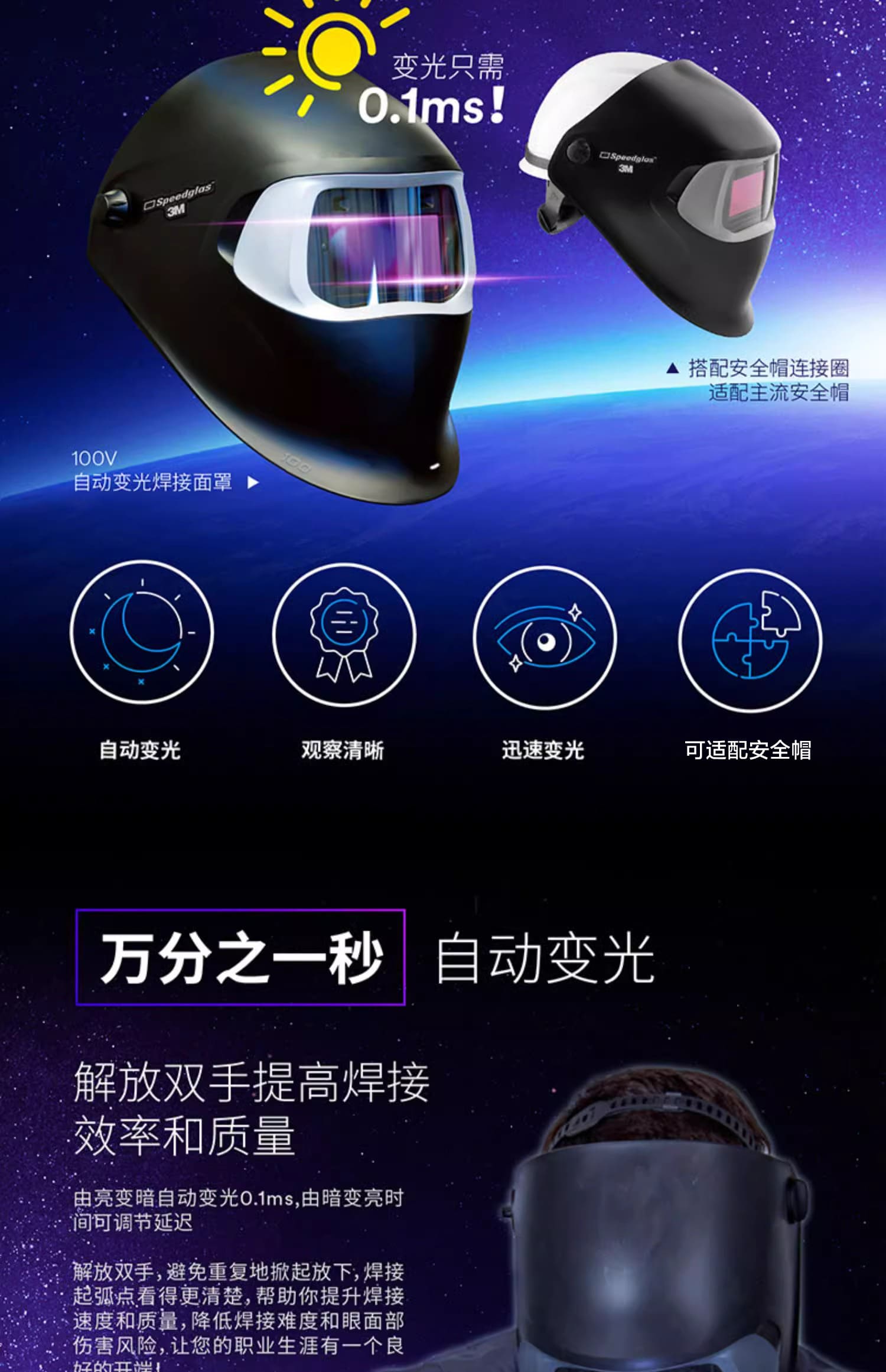 3M 100V 自动变光焊接面罩
